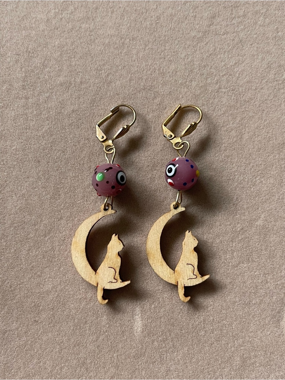 Handmade Earrings with a cat on a crescent moon
